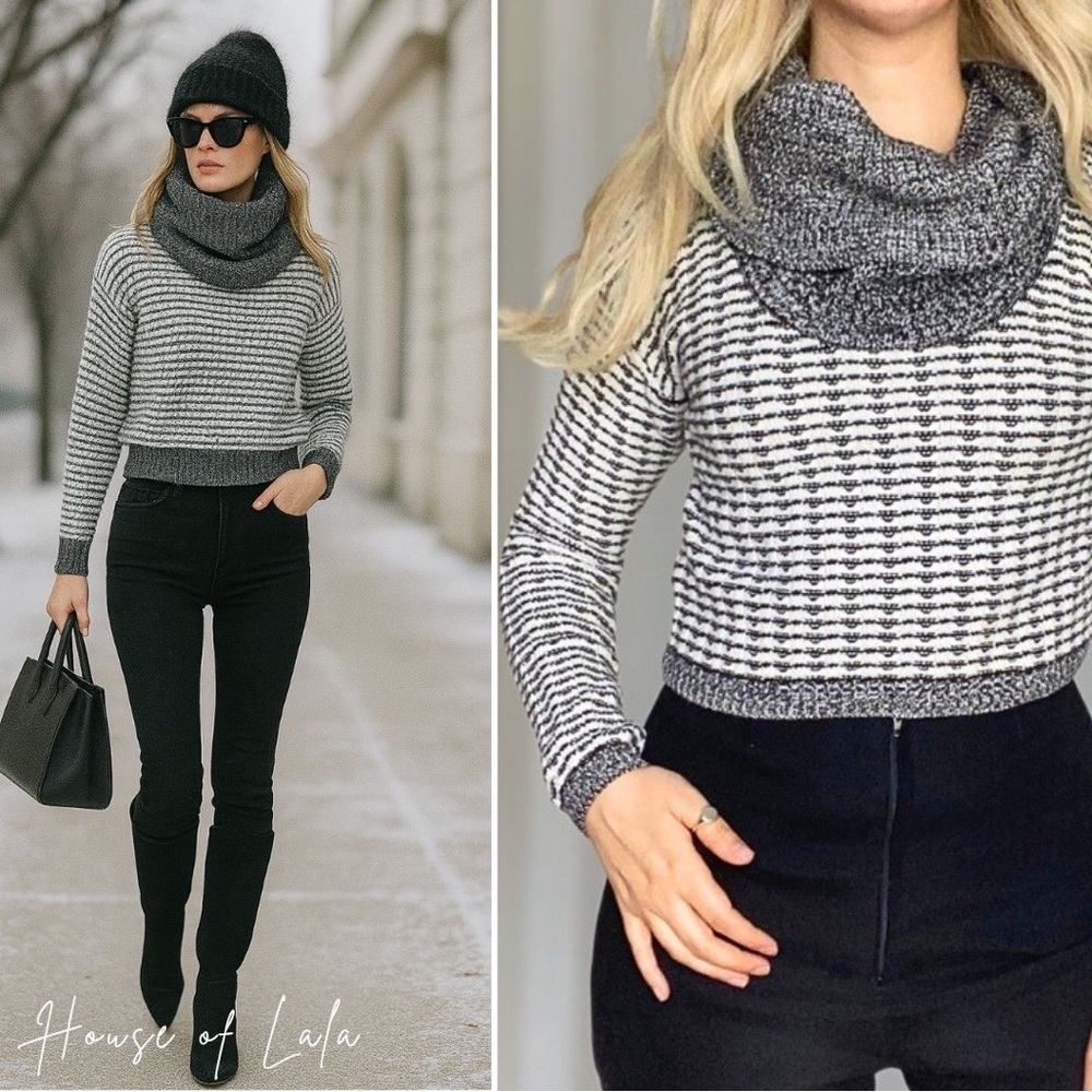 GUESS cropped cowl neck black and white knit sweater. Cold shoulder. Size small - Picture 1 of 10